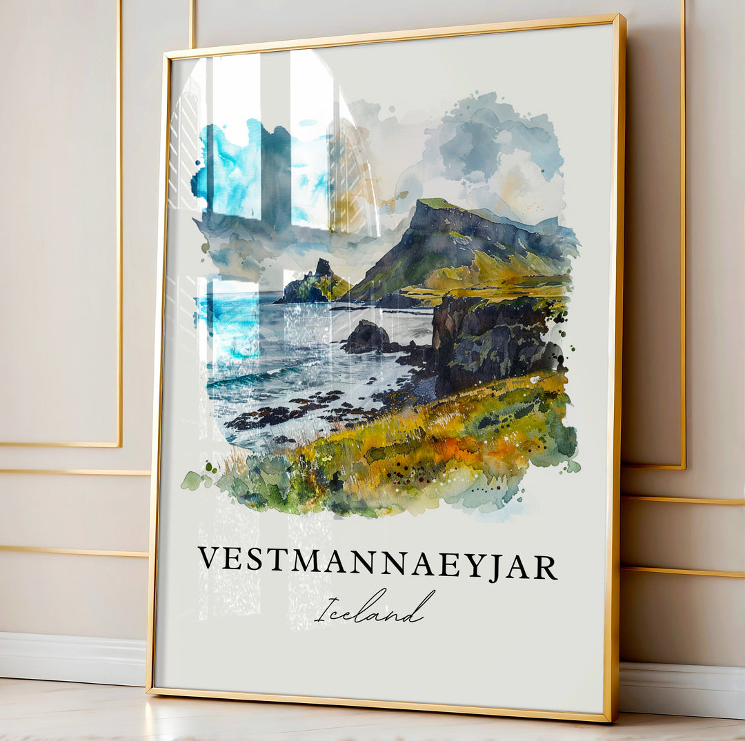 Vestmannaeyjar Wall Art, Iceland Print, Vestmannaeyjar Watercolor, Heimaey Iceland Gift,