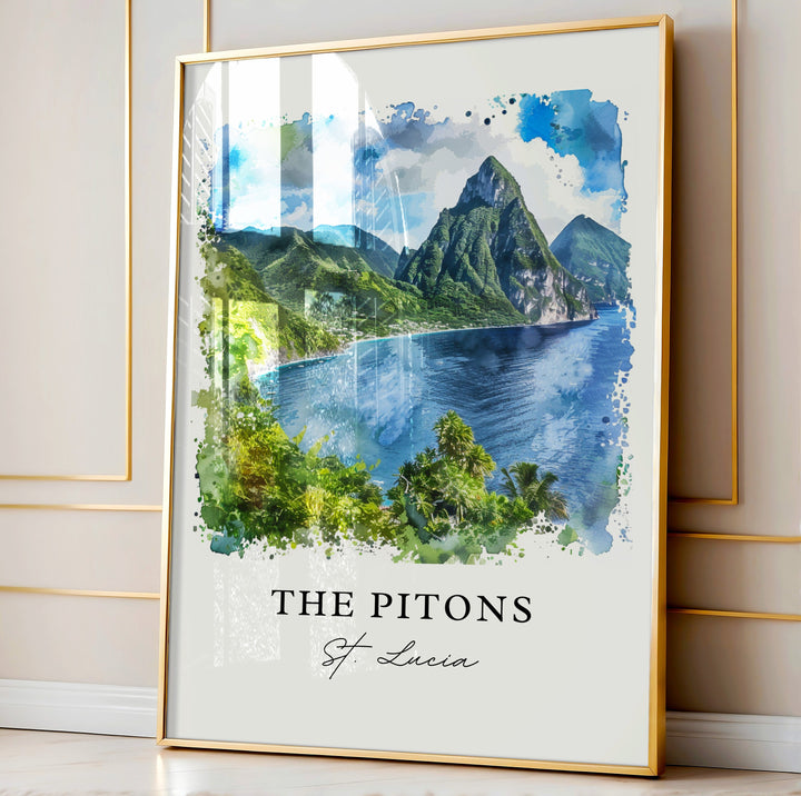 The Pitons St. Lucia Wall Art, Pitons Print, Saint Lucia Watercolor, St Lucia Gift,