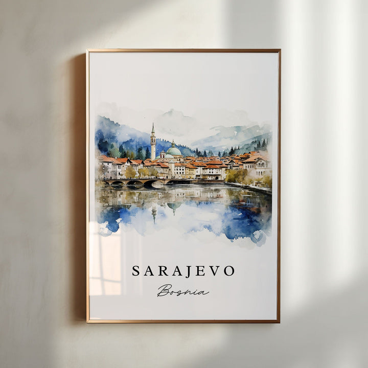 Sarajevo traditional travel art - Bosnia, Sarajevo poster print, Wedding gift, Birthday present, Custom Text, Perfect Gift