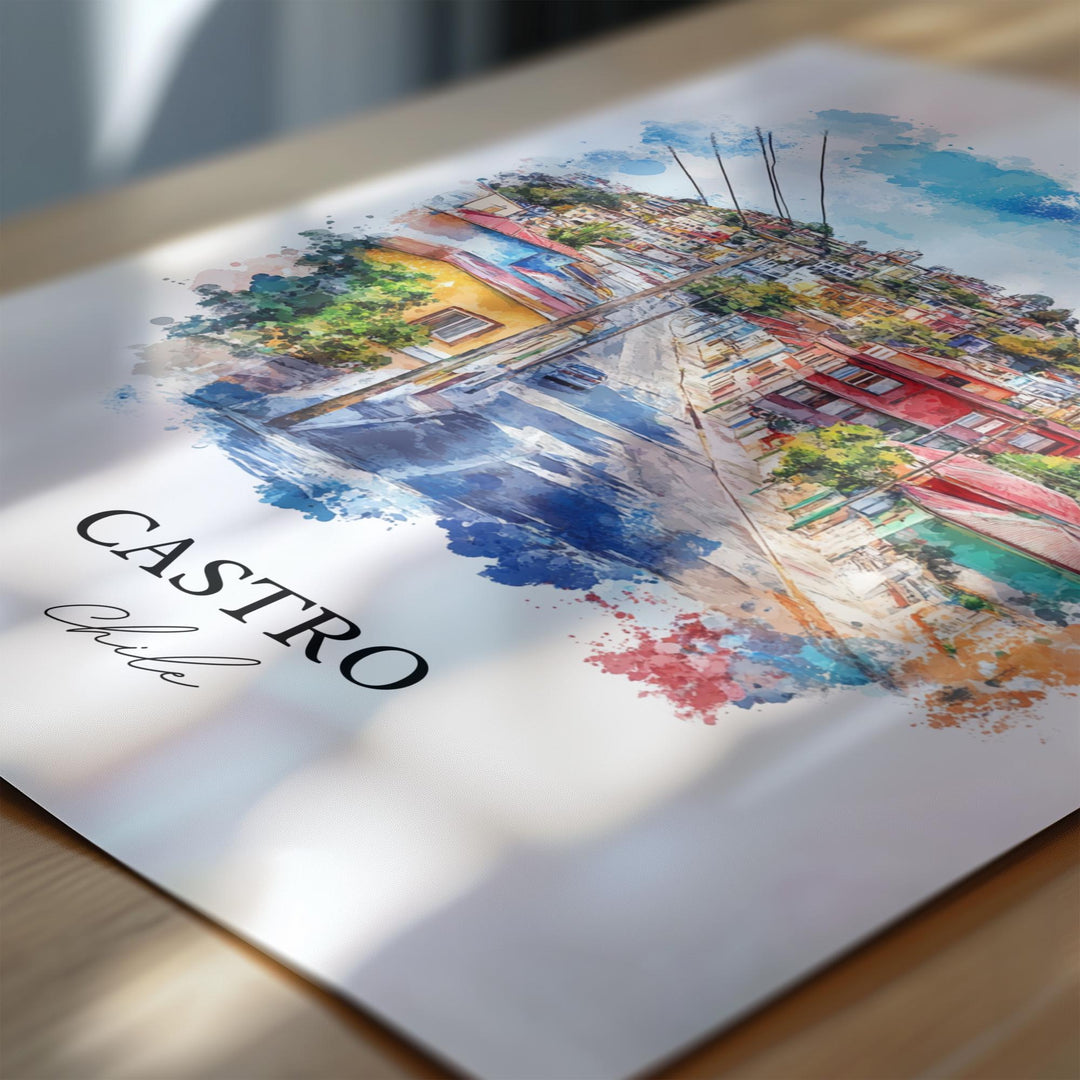 Castro Chile Wall Art, Chiloé Island Print, Chile Watercolor Art, Castro Chile Gift, Travel Print, Travel Poster, Housewarming Gift