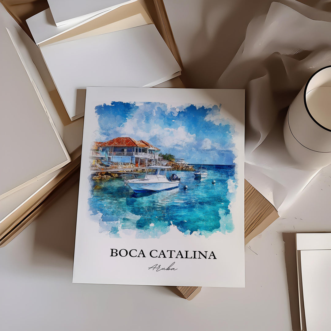 Boca Catalina Wall Art, Malmok Beach Print, Aruba Watercolor Art, Boca Catalina Gift, Travel Print, Travel Poster, Housewarming Gift