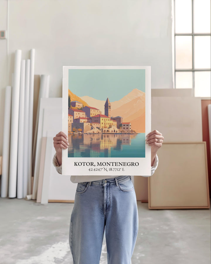 Kotor Art, Kotor Retro Travel Art, Kotor Montenegro Home Decor, Montenegro Gift, Balkans Travel Art, Travel Prints, Housewarming Gift