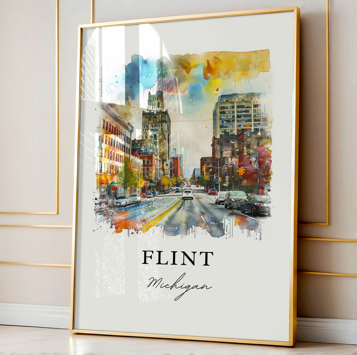 Flint Michigan Wall Art, Flint MI Print, Flint Watercolor Art, Genesee County MI Gift, Travel Poster, Housewarming Gift