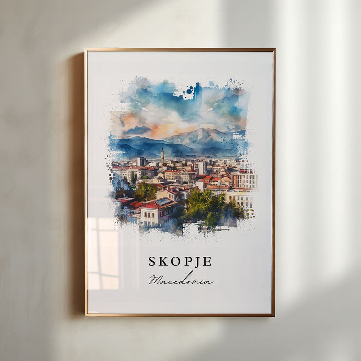 Skopje watercolor travel art - Macedonia, Skopje print, Wedding gift, Birthday present, Custom Text, Perfect Gift