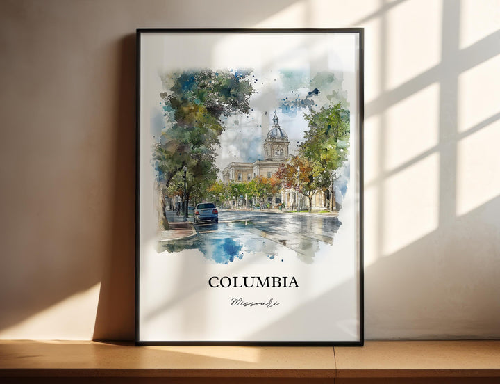 Columbia Missouri Art, Univ of Missouri City Print, Missouri Watercolor, Columbia MO Gift, Travel Print, Travel Poster, Housewarming Gift