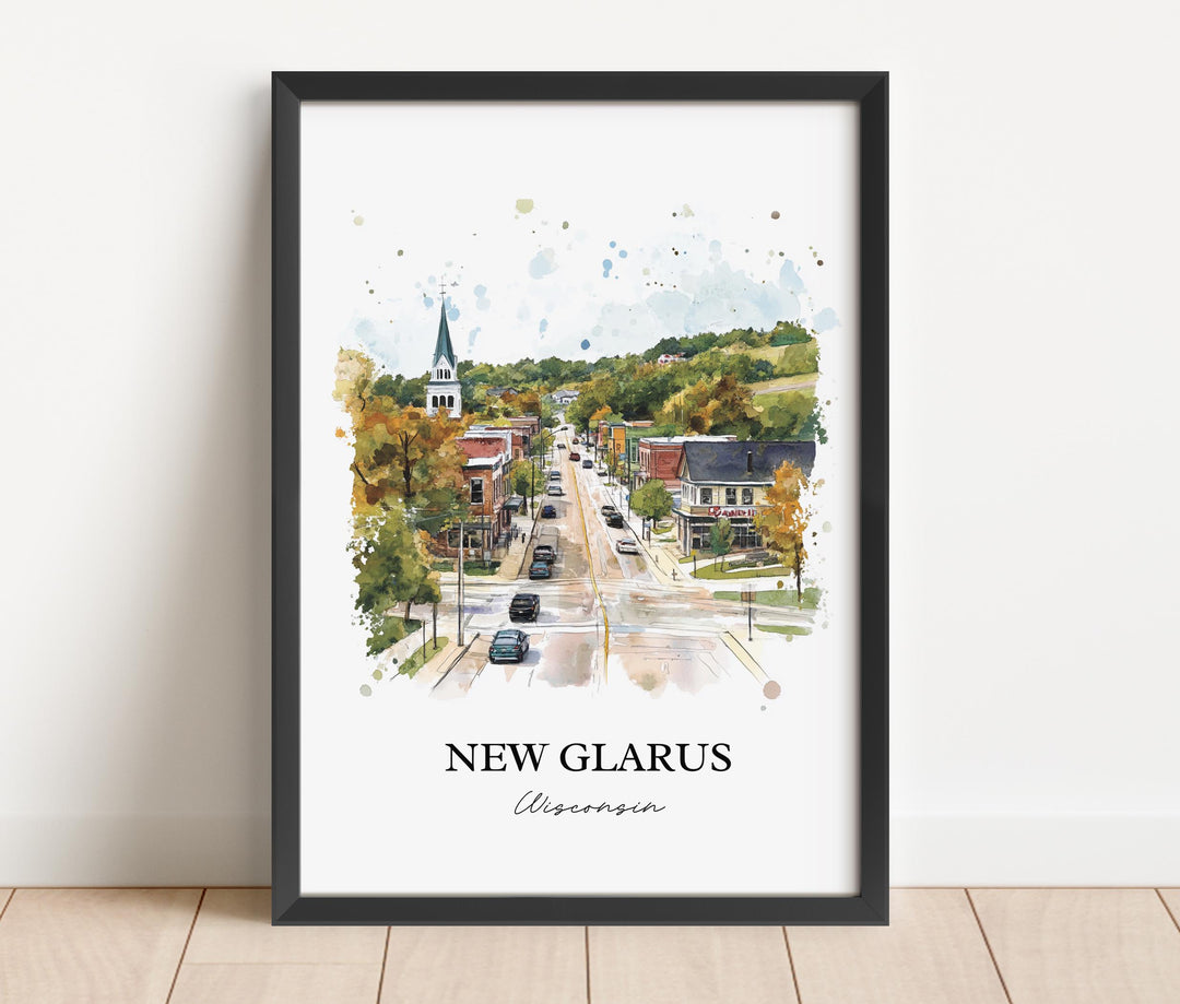 New Glarus Wall Art, New Glarus Print, Wisconsin Watercolor Art, New Glarus WI Gift, Travel Print, Travel Poster, Housewarming Gift