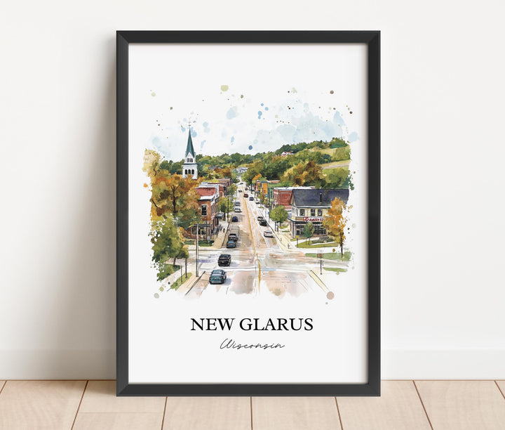 New Glarus Wall Art, New Glarus Print, Wisconsin Watercolor Art, New Glarus WI Gift, Travel Print, Travel Poster, Housewarming Gift