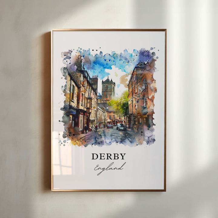 Derby England Wall Art, Derby Print, Derbyshire UK Watercolor, Derby Gift, Travel Poster, Housewarming Gift