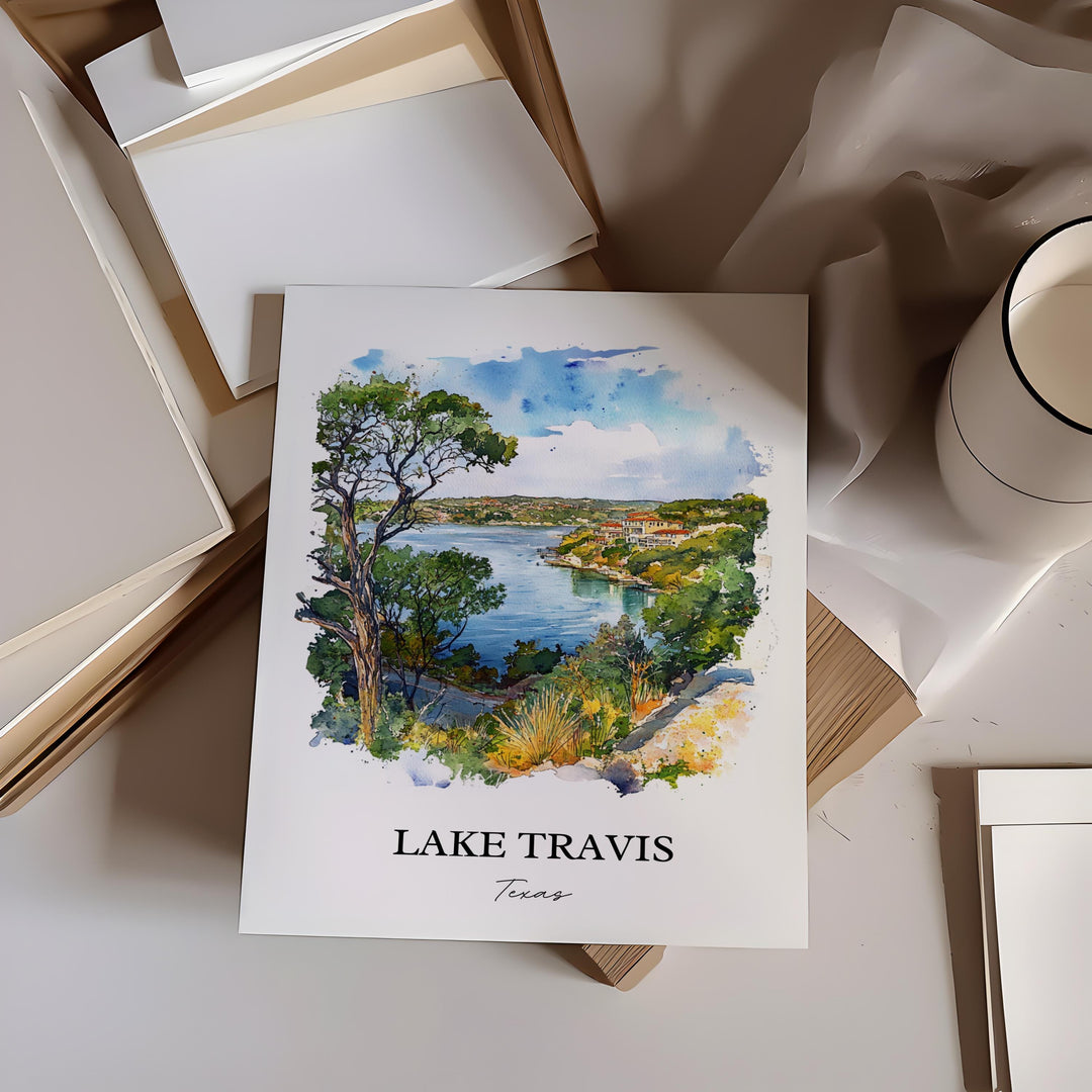 Lake Travis Wall Art, Lake Travis Print, Austin Watercolor Art, Lake Travis Texas Gift, Travel Print, Travel Poster, Housewarming Gift