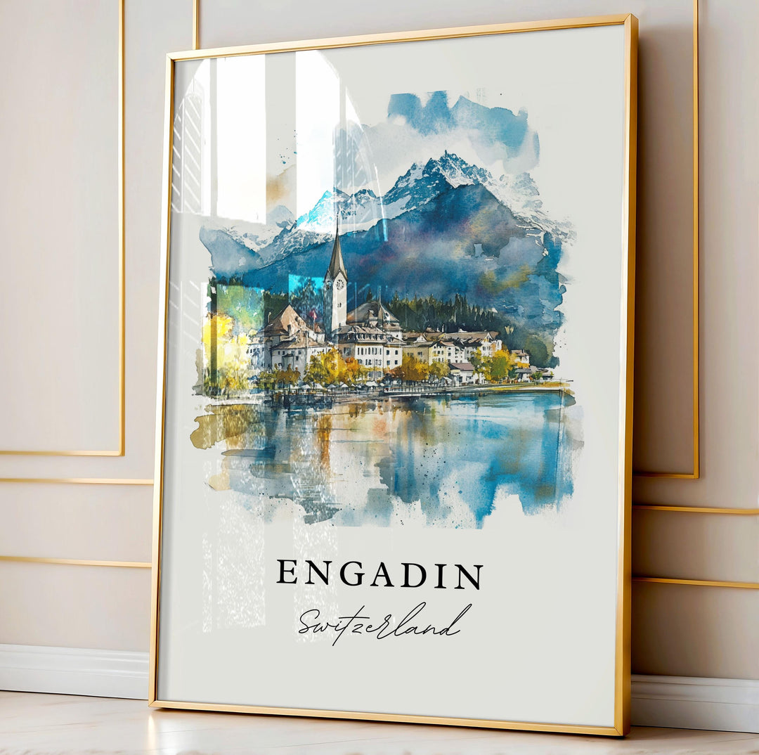 Engadin Switzerland Wall Art, Engadin Print, Engadin Watercolor, Engadin Region Gift,