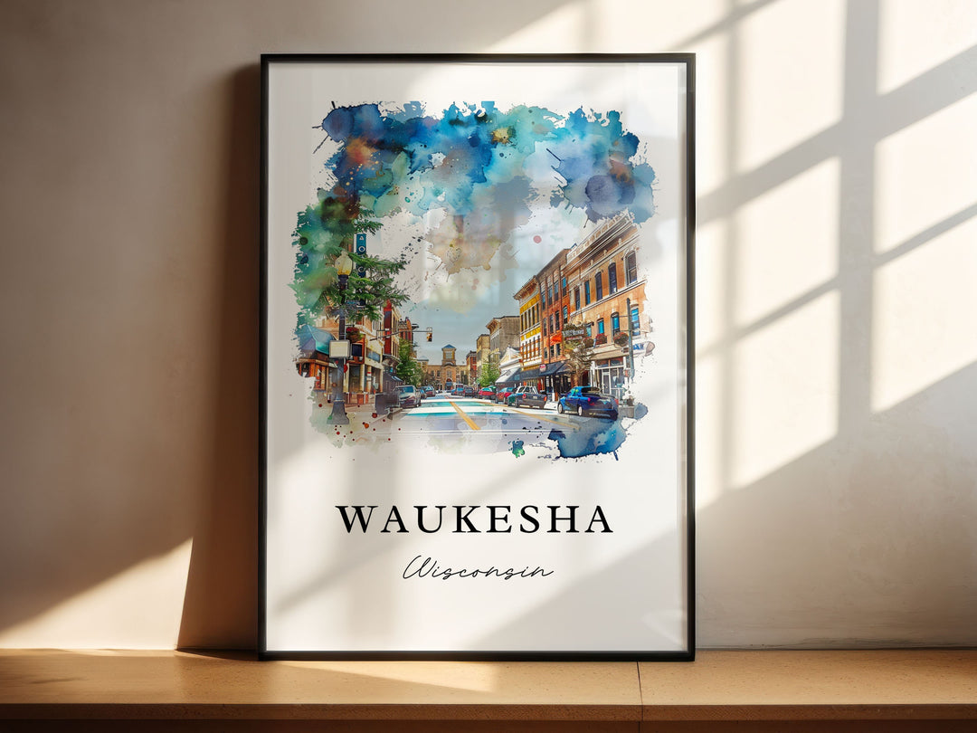 Waukesha WI Art, Waukesha Wisconsin Print, Waukesha Watercolor Art, Waukesha County Gift,