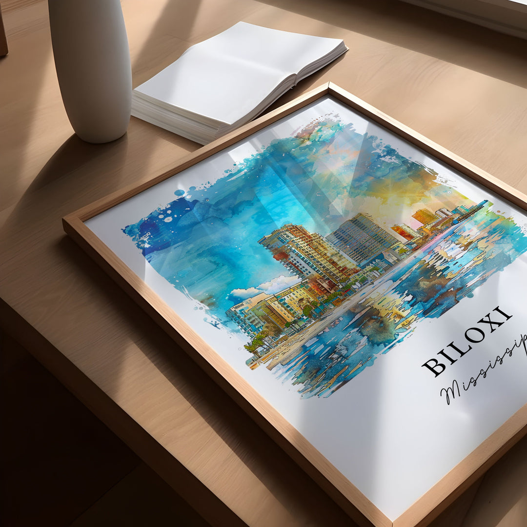 Biloxi Mississippi Art, Biloxi Print, Biloxi Beach Watercolor, Biloxi MS Gift, Travel Poster, Housewarming Gift