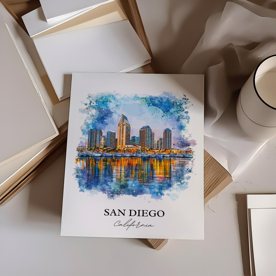 San Diego Wall Art, San Diego Print, San Diego Watercolor Art, San Diego Skyline Gift, Travel Print, Travel Poster, Housewarming Gift