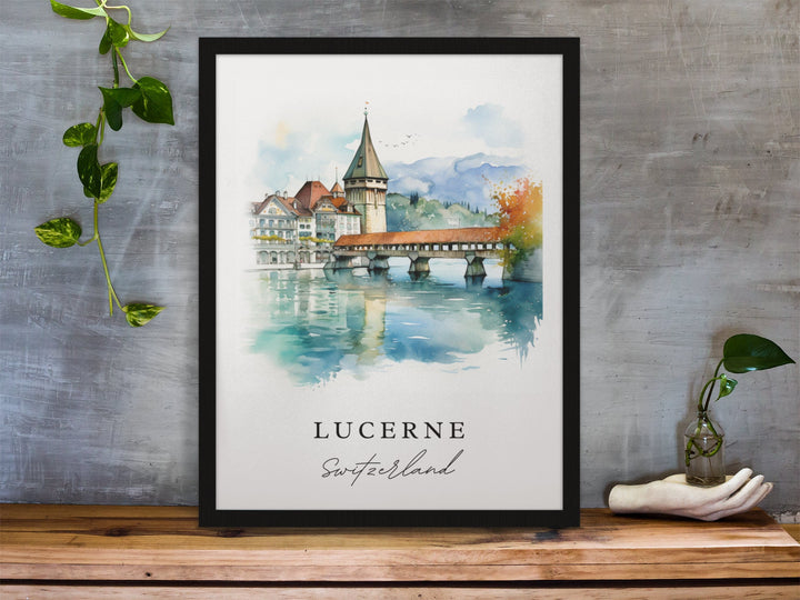 Lucerne traditional travel art - Switzerland, Lucerne poster, Wedding gift, Birthday present, Custom Text, Personalized Gift