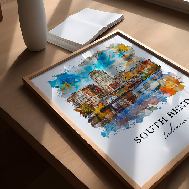 South Bend IN Wall Art, South Bend Print, South Bend Watercolor, Notre Dame South Bend Gift,