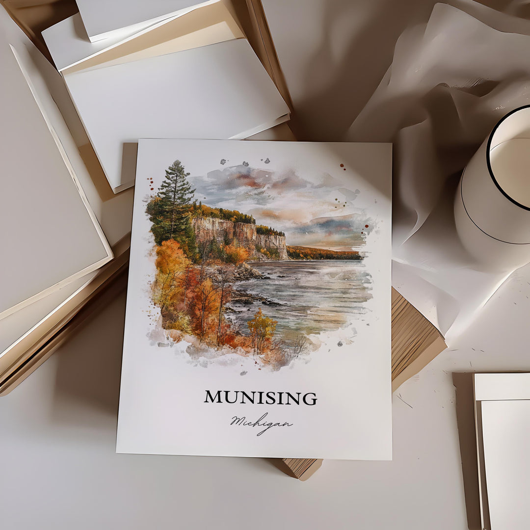 Munising MI Wall Art, Munising MI Print, Wagner Falls Watercolor Art, Munising Michigan Gift, Travel Print, Travel Poster, Housewarming Gift