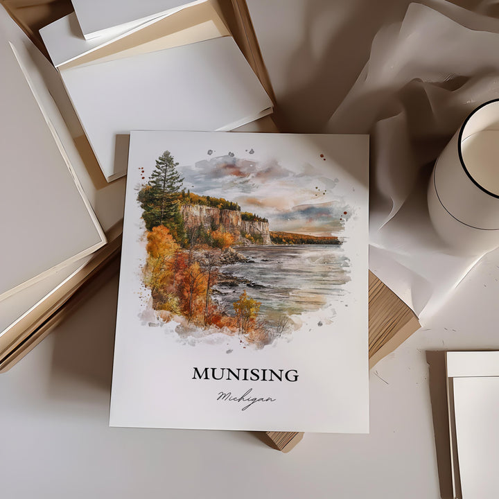 Munising MI Wall Art, Munising MI Print, Wagner Falls Watercolor Art, Munising Michigan Gift, Travel Print, Travel Poster, Housewarming Gift