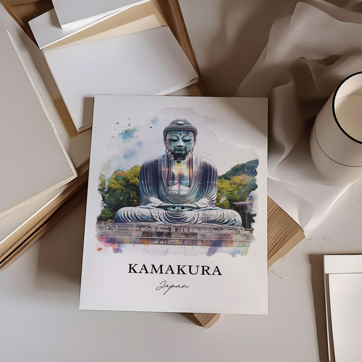 Kamakura Japan Wall Art, Giant Buddha Print, Kamakura Watercolor Art, Buddha Japan Gift, Travel Print, Travel Poster, Housewarming Gift