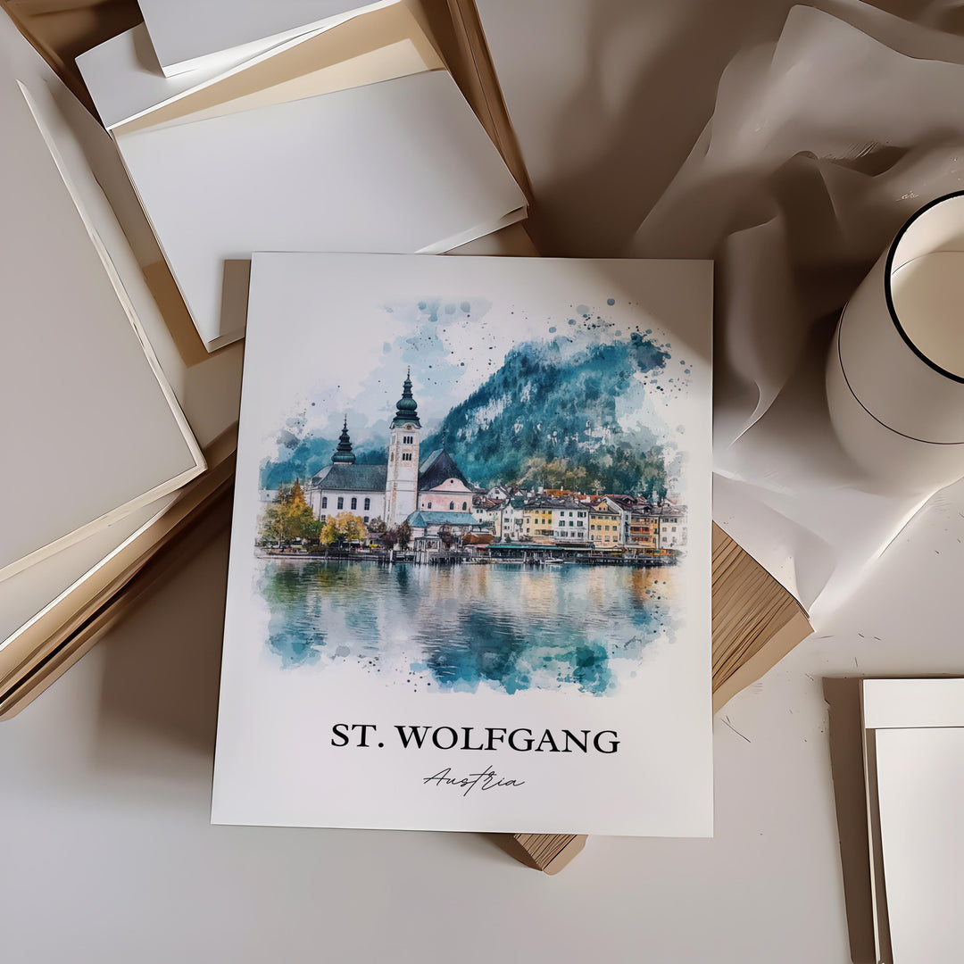 St. Wolfgang Wall Art, Lake Wolfgang Print, Asutria Watercolor Art, St. Wolfgang Gift, Travel Print, Travel Poster, Housewarming Gift