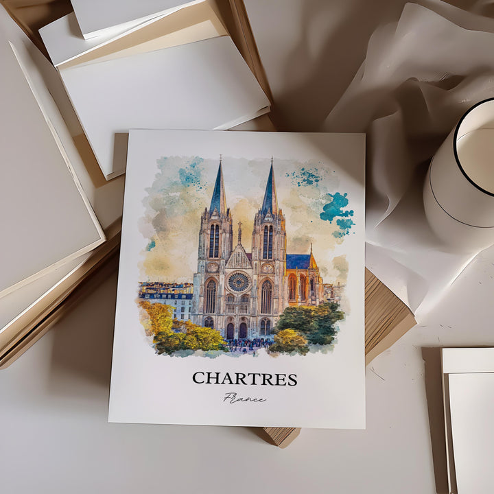 Chartres Wall Art, Chartres Print, France Watercolor Art, Chartres France Gift, Travel Print, Travel Poster, Housewarming Gift