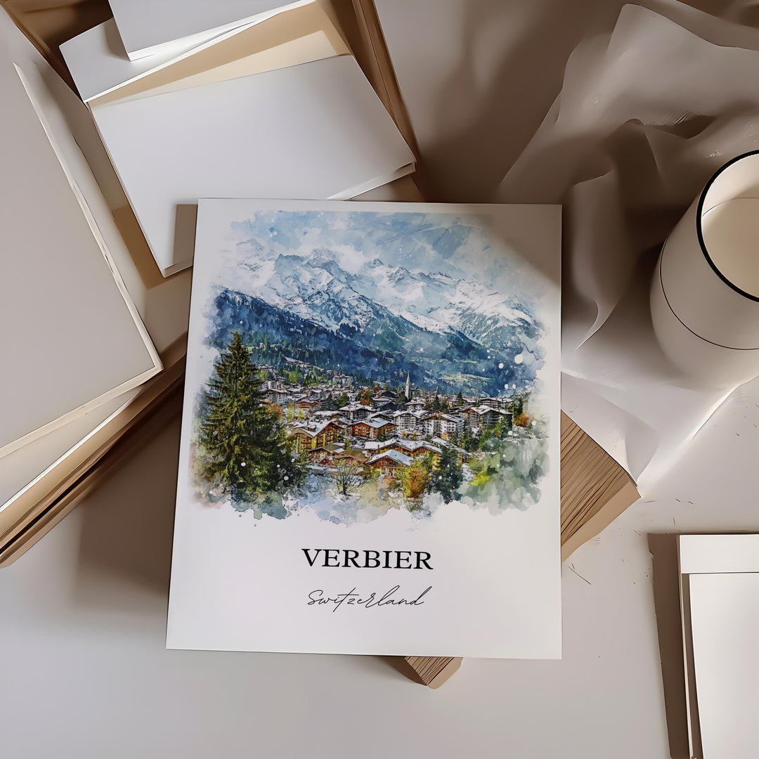 Verbier Wall Art, Verbier Switzerland Print, Switzerland Watercolor Art, Valais Canton Gift, Travel Print, Travel Poster, Housewarming Gif