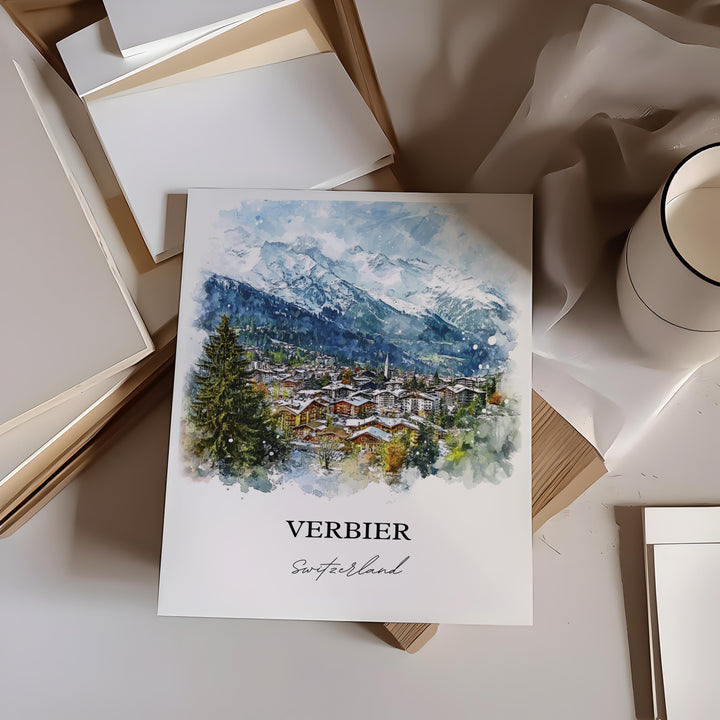 Verbier Wall Art, Verbier Switzerland Print, Switzerland Watercolor Art, Valais Canton Gift, Travel Print, Travel Poster, Housewarming Gif
