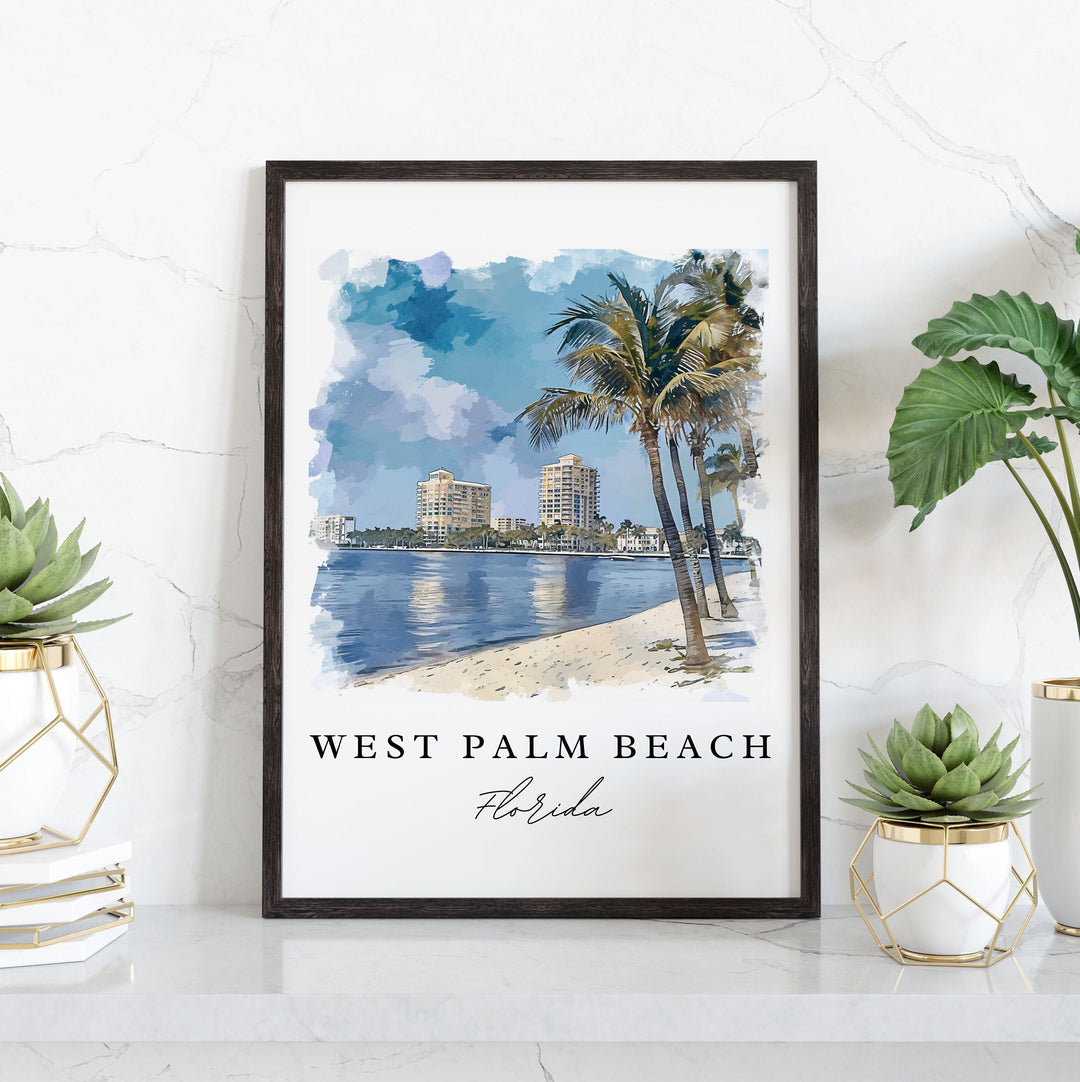 West Palm Beach watercolor travel art - Florida, Palm Beach print, Wedding gift, Birthday present, Custom Text, Perfect Gift