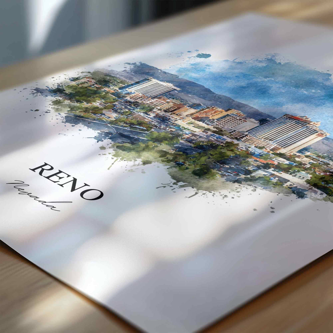 Reno, Nevada Wall Art, Reno Print, Nevada Watercolor Art, Reno Nevada Skyline Gift, Travel Print, Travel Poster, Housewarming Gift