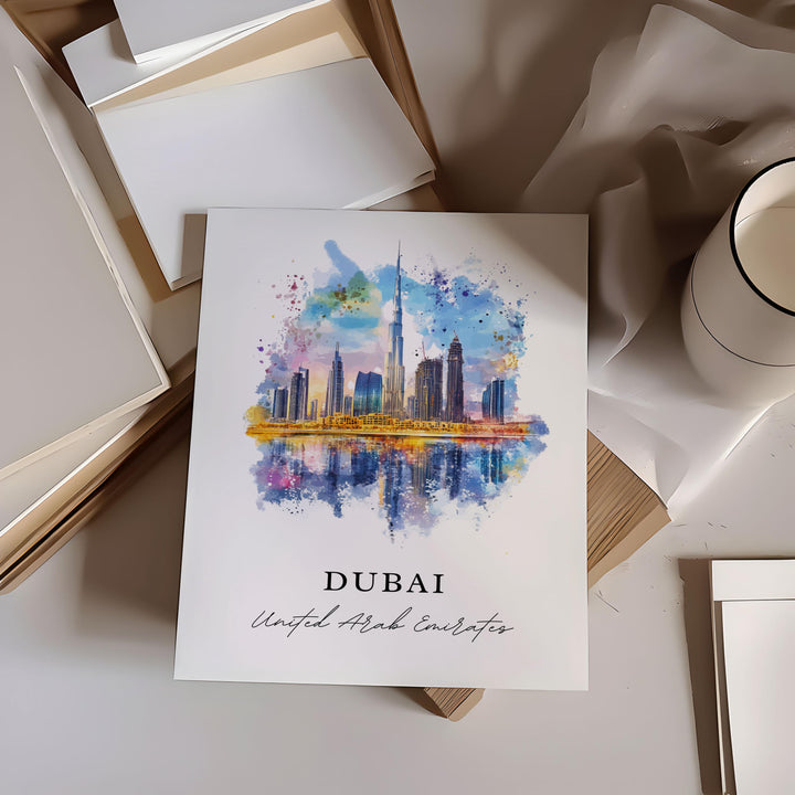 Dubai Wall Art, Dubai Skyline Print, Dubai Watercolor Art, Dubai UAE Gift, Burj Khalifa Print, Travel Poster, Housewarming Gift