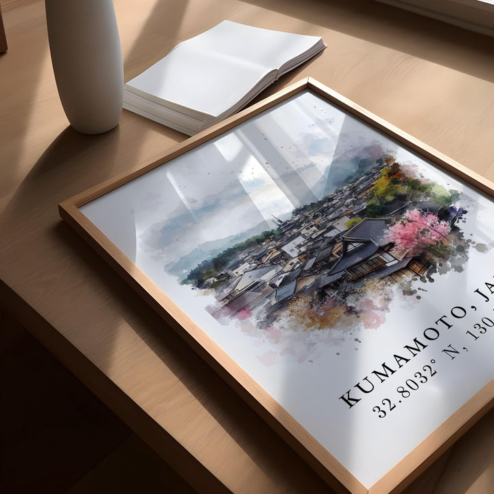 Kumamoto Wall Art, Kumamoto Print, Japan Watercolor Art, Kyushu Japan Gift, Travel Poster, Housewarming Gift