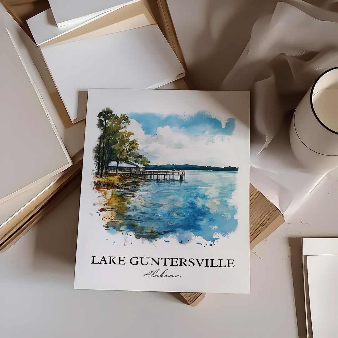 Lake Guntersville Wall Art, Bridgeport AL Print, Alabama Watercolor, Lake Guntersville Gift, Travel Print, Travel Poster, Housewarming Gift