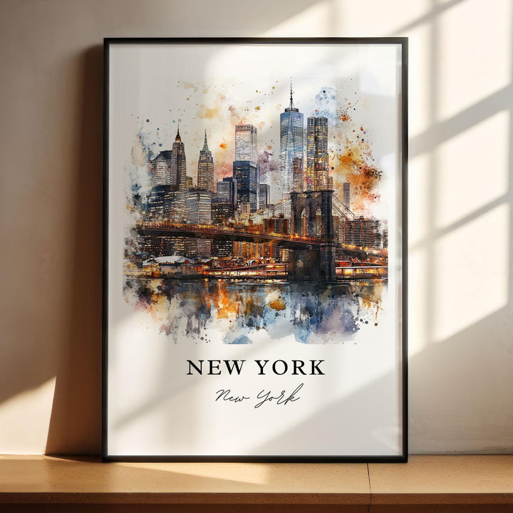 New York City Wall Art, NYC Print, Manhattan Watercolor Art, Brooklyn Bridge Gift, Travel Print, Travel Poster, Housewarming Gift