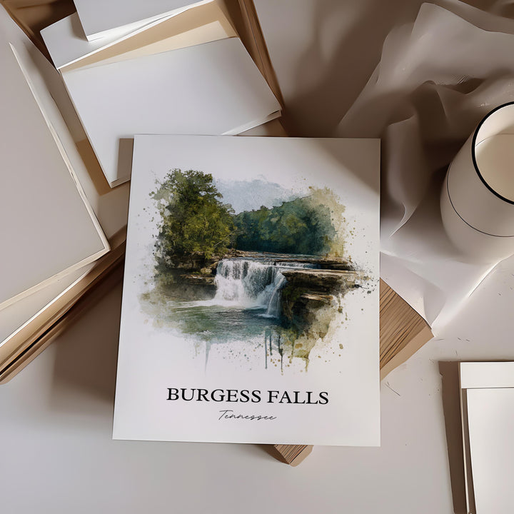 Burgess Falls Wall Art, Cookeville TN Print, Tennessee Watercolor Art, Burgess Falls TN Gift, Travel Print, Travel Poster, Housewarming Gift