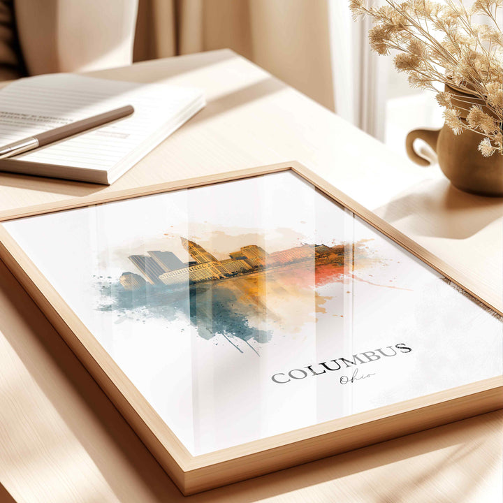 Columbus OH Wall Art, Columbus Print, Columbus Ohio Watercolor Art, Columbus Skyline Gift, Travel Print, Travel Poster, Housewarming Gift