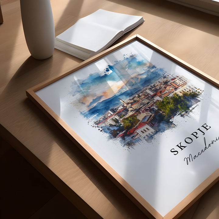 Skopje watercolor travel art - Macedonia, Skopje print, Wedding gift, Birthday present, Custom Text, Perfect Gift