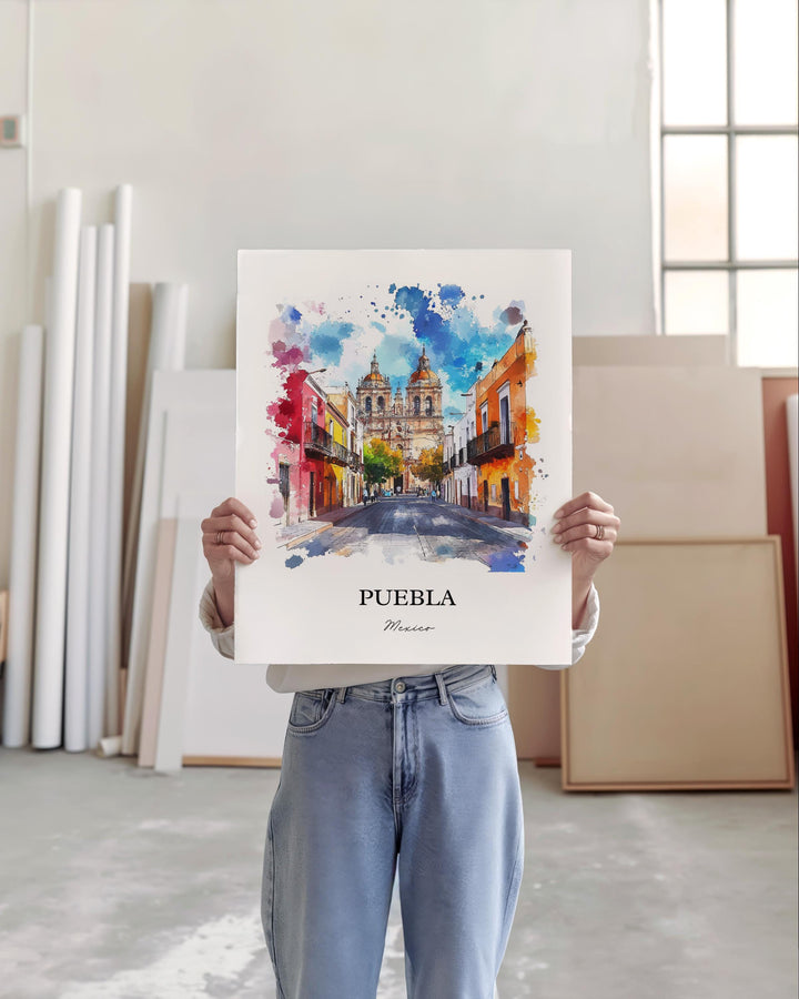 Puebla MX Wall Art, Puebla Mexico Print, Mexico Watercolor Art, Puebla Mexico Gift, Travel Print, Travel Poster, Housewarming Gift