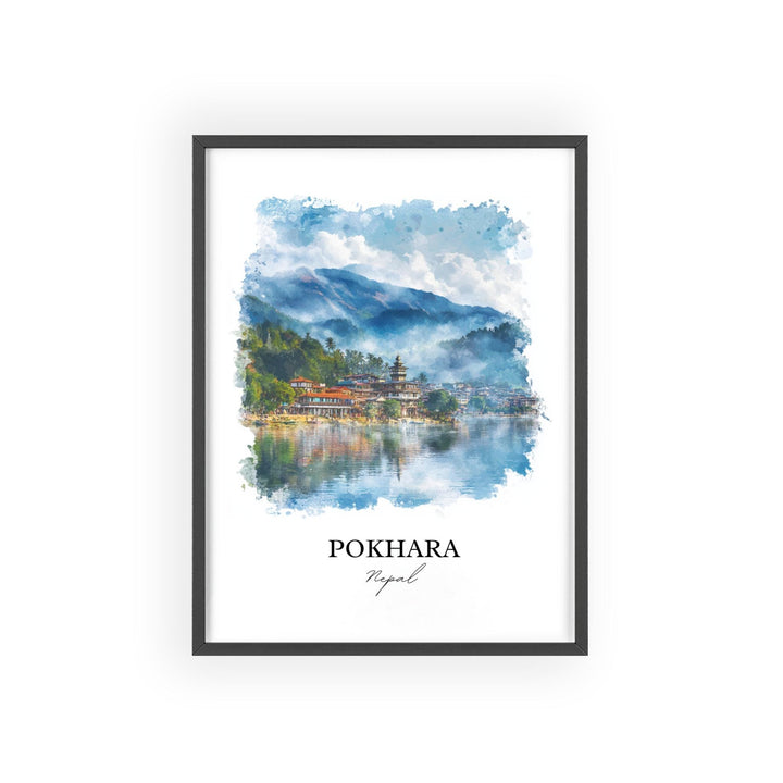 Pokhara Wall Art, Pokhara Nepal Print, Nepal Watercolor Art, Pokhara Nepal Gift, Travel Print, Travel Poster, Housewarming Gift