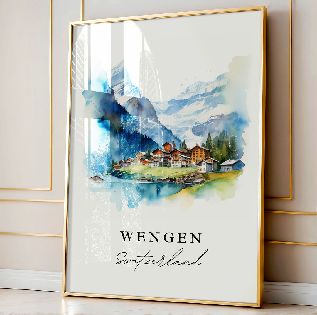 Wengen traditional travel art - Switzerland, Wengen poster print, Wedding gift, Birthday present, Custom Text, Perfect Gift