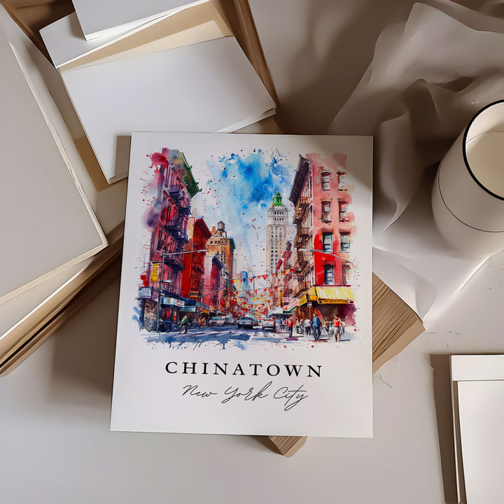 Chinatown NYC watercolor travel art - downtown Manhattan, Chinatown print, Wedding gift, Birthday present, Custom Text, Perfect Gift