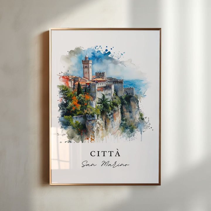 Citta San Marino watercolor travel art - San Marino, Italy print, Wedding gift, Birthday present, Custom Text, Perfect Gift