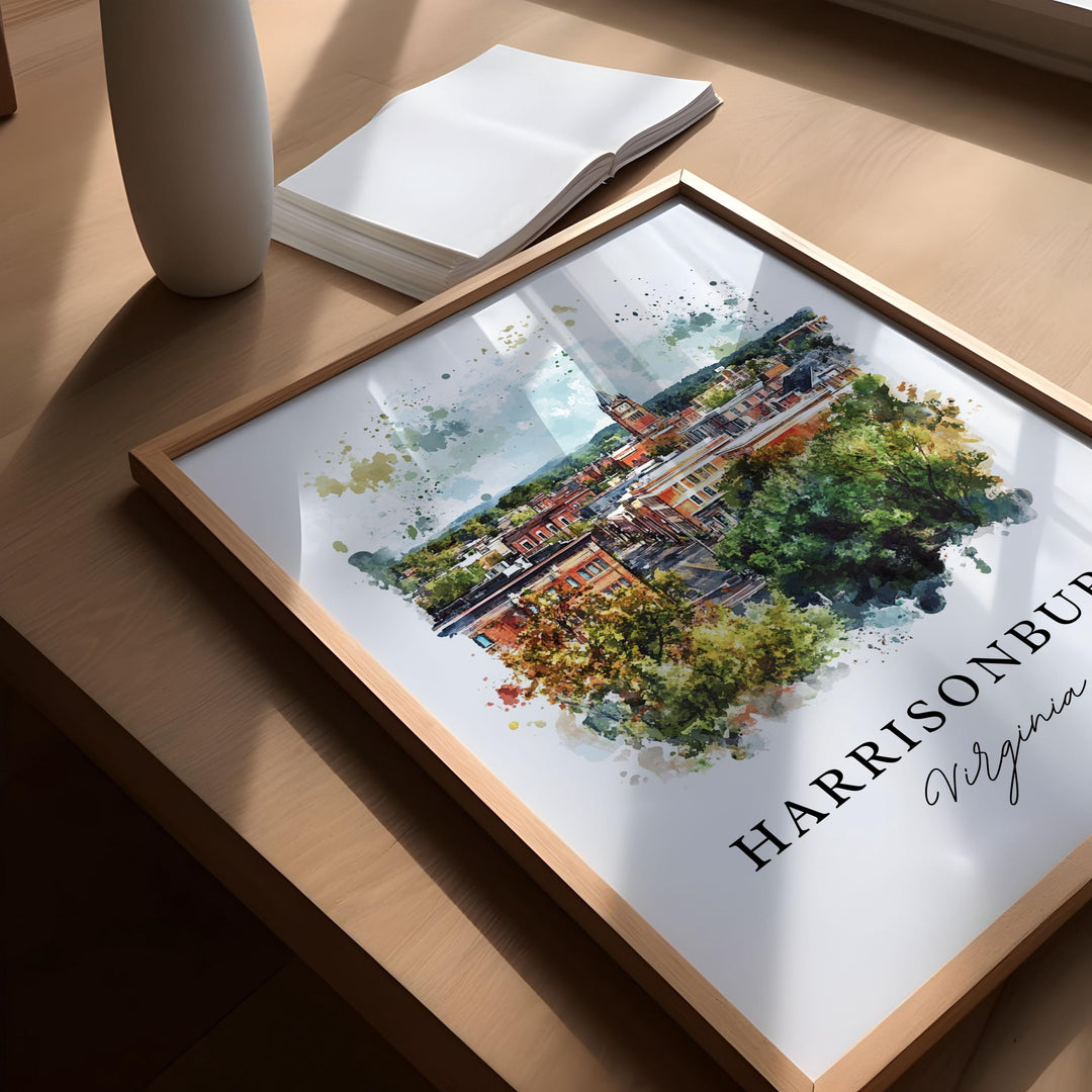 Harrisonburg VA Wall Art, Harrisonburg Print, College Town Watercolor Art, Harrisonburg Virginia Gift, Travel Poster, Housewarming Gift