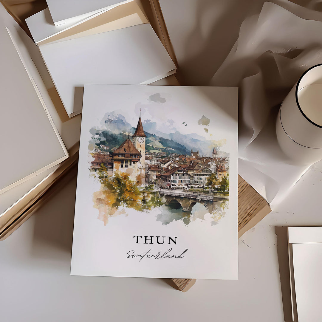 Thun Switzerland Wall Art, Thun Print, Thun Switzerland Watercolor, Bernese Oberland Gift,