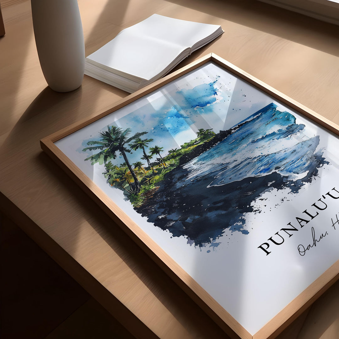 Punaluu Wall Art, Oahu Hawaii Print, Punaluu Beach Watercolor Art, Koolauloa District Gift,