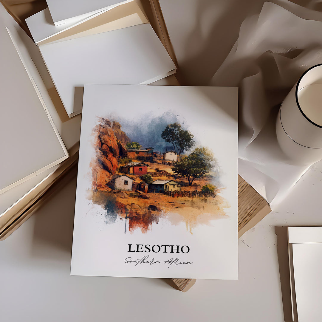 Lesotho Wall Art, Lesotho Print, Lesotho Watercolor Art, Lesotho Afica Gift, Travel Print, Travel Poster, Housewarming Gift