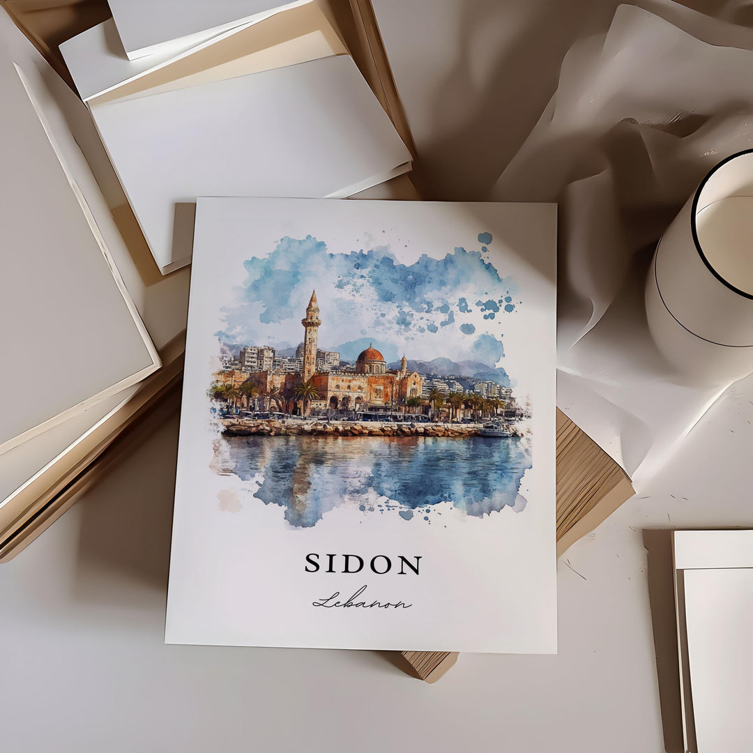 Sidon Wall Art, Sidon Print, Sidon Watercolor Art, Sidon Lebanon Gift, Travel Print, Saida Travel Poster, Housewarming Gift