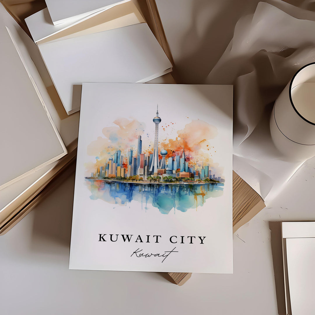 Kuwait City traditional travel art - Middle East, Kuwait poster, Wedding gift, Birthday present, Custom Text, Personalized Gift