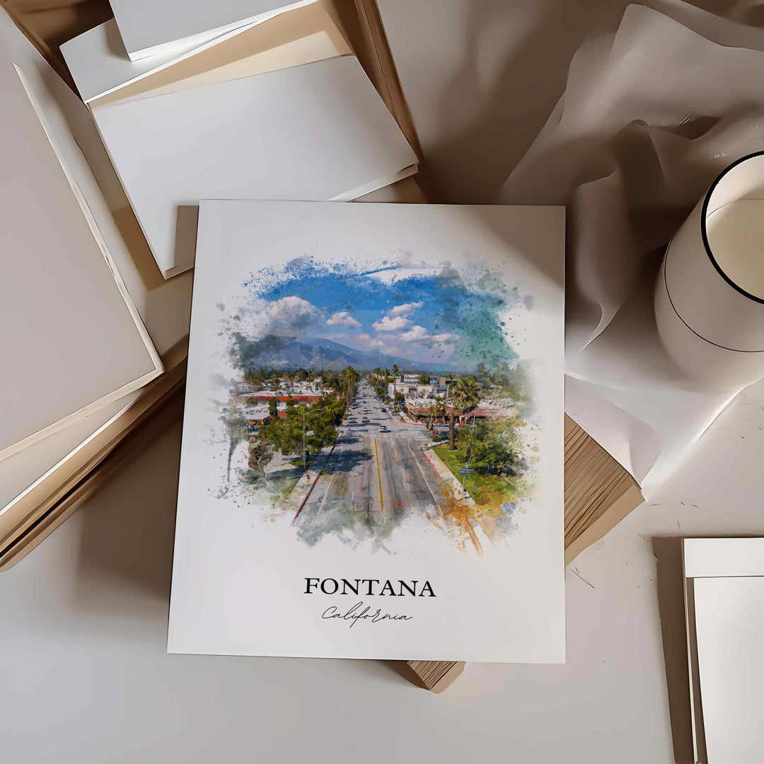 Fontana CA Wall Art, Fontana Print, California Watercolor Art, San Bernardino Gift, Travel Print, Travel Poster, Housewarming Gift