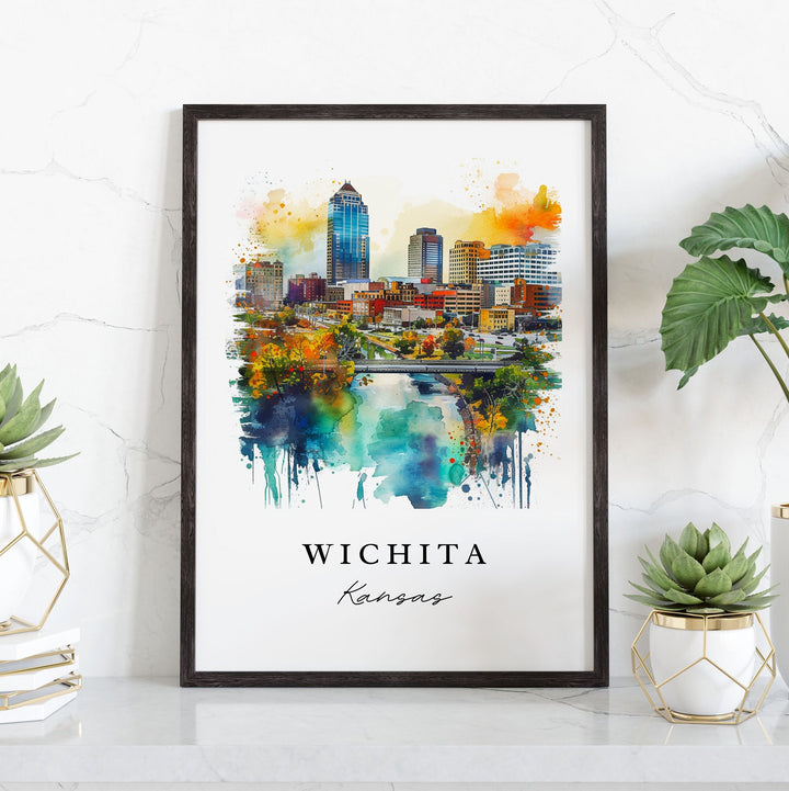 Wichita watercolor travel art - Kansas, Wichita print, Wedding gift, Birthday present, Custom Text, Perfect Gift