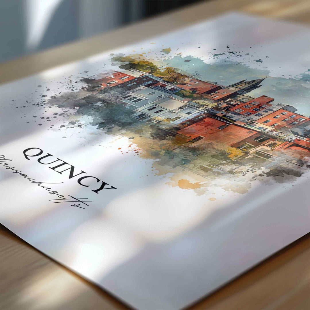 Quincy MA Wall Art, Quincy Print, Quincy Watercolor Art, Norfolk County MA Gift, Travel Print, Travel Poster, Housewarming Gift