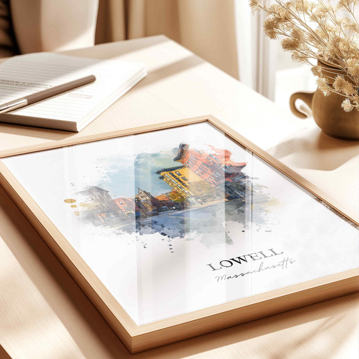 Lowell MA Wall Art, Lowell Print, Lowell Massachusetts Watercolor Art, Middlesex County Gift, Travel Print, Travel Poster, Housewarming Gift